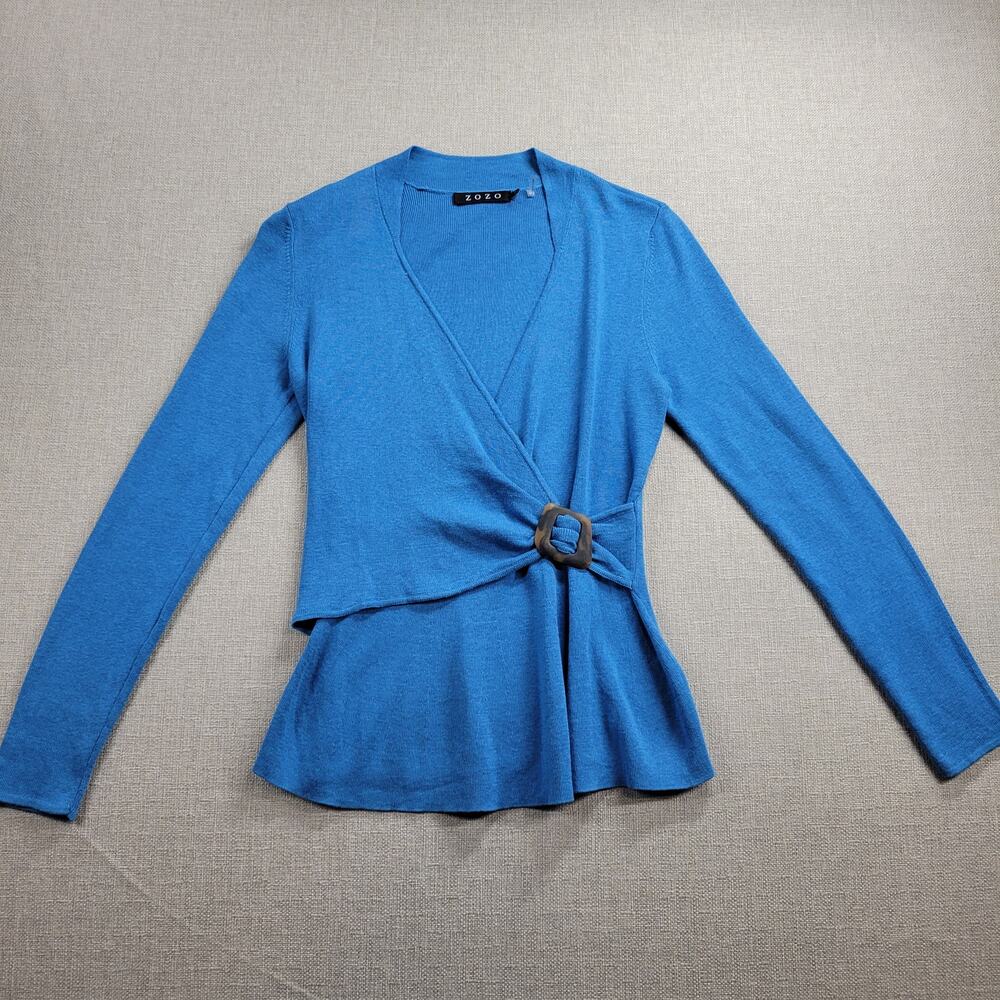 Zozo Womens Sweater Size S Blue Wrap Cross Over V-neck Knit Long Sleeve Stretch